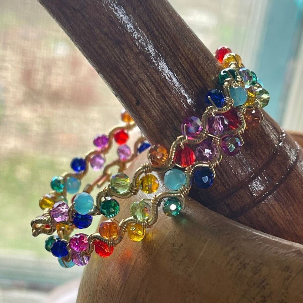 Lucy bangle bracelet 8” gold copper core PRIDE sparkle rainbow faceted glass bea